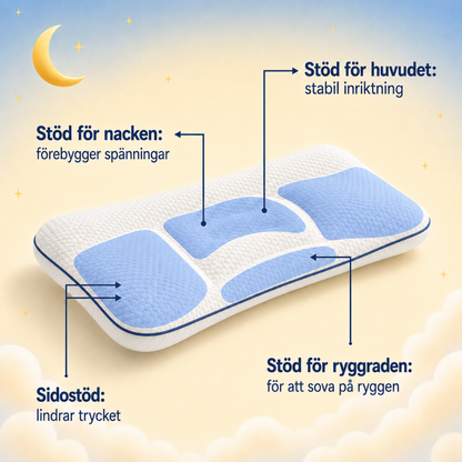 Illustration av hur Nannea-kudden stödjer barnets nacke under sömnen #sv #fr