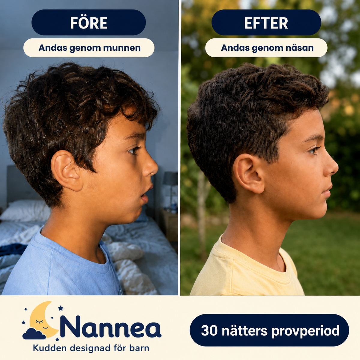 Barn som sover före och efter Nannea-kudden #sv #fr