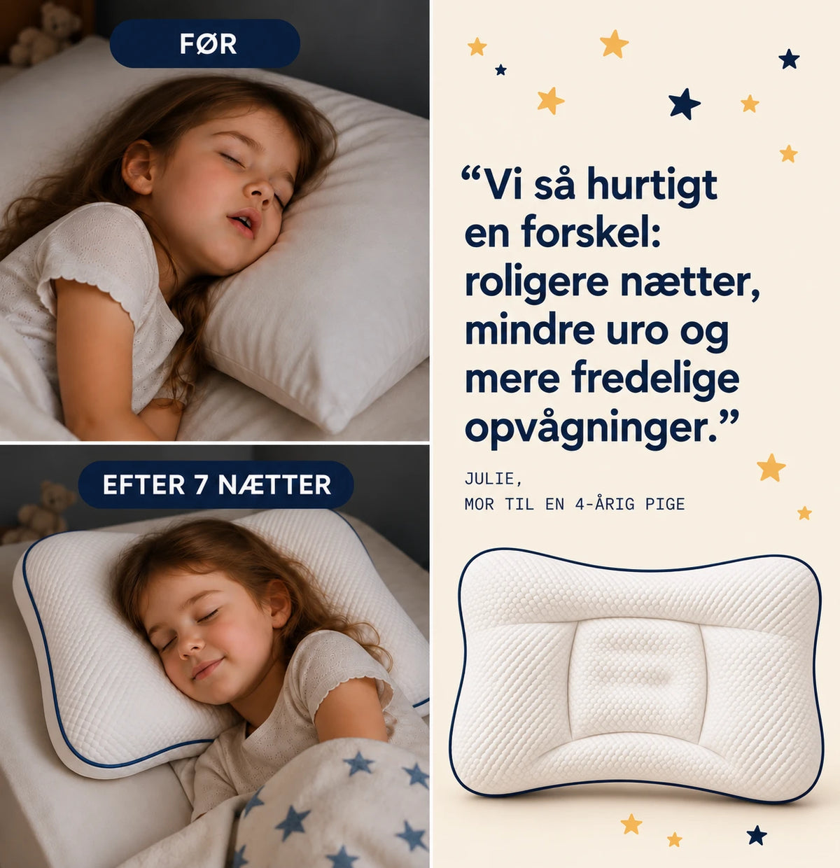 Barn der sover før og efter 7 nætter med Nannea-puden #da