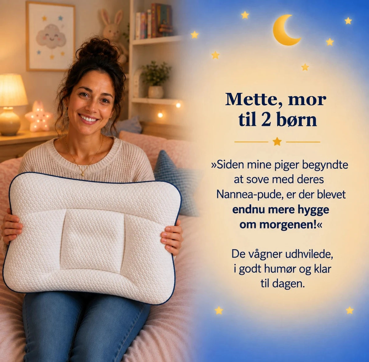 Mette, mor til 2 børn, med Nannea-puden #da